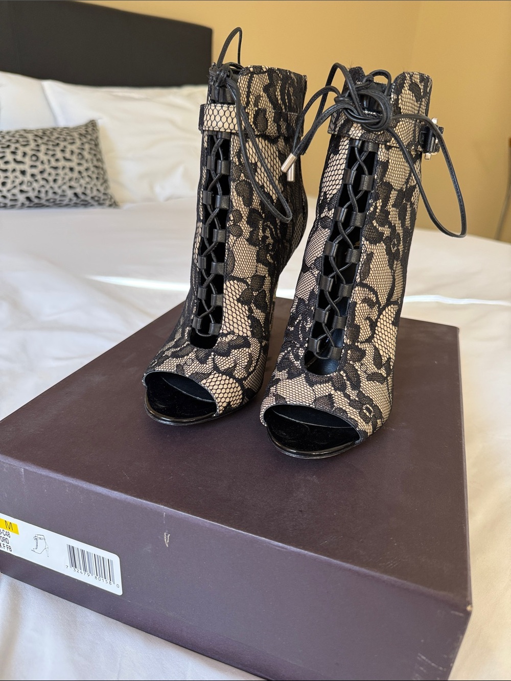 BRIAN ATWOOD Lace-Up Peep Toe High-Heel Boots in Black and Nude